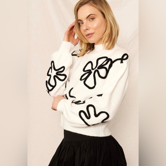 NWT Boutique Jazlyn Mock Neck Floral Outline Sweater – Cream - Picture 3 of 5